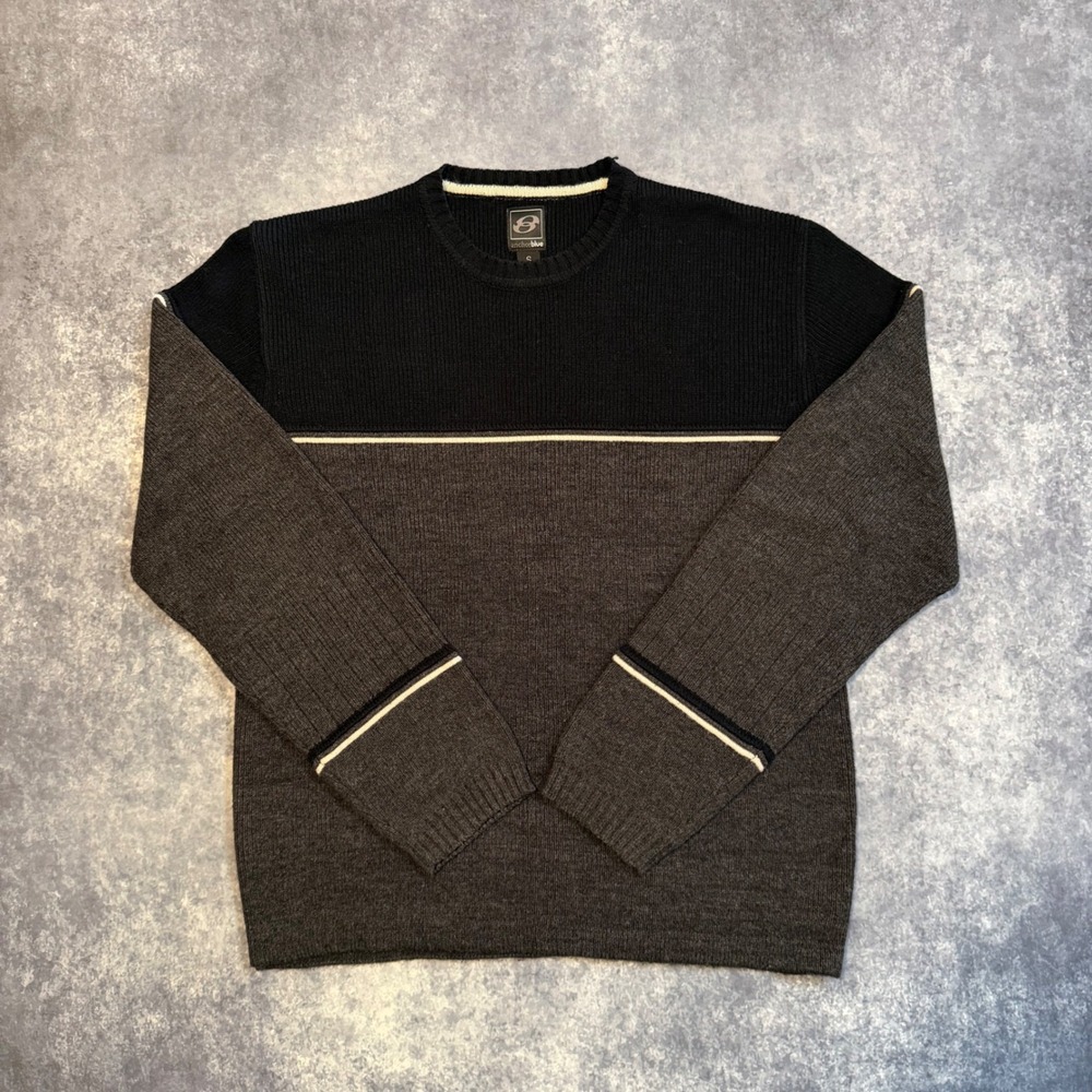 Y2K Mens Small Colorblock Crewneck Sweater Black Gray Vintage Knit Anchor Blue